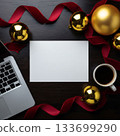 New Year Freelance: Workspace with Laptop, Coffee, and Gold Decorations 133699290