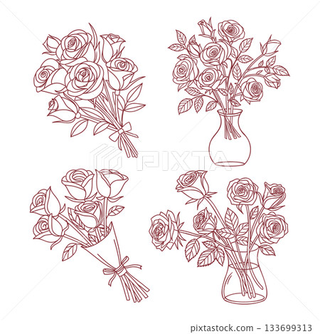 Set of elegant rose bouquets and floral arrangements. Line art. Set of elegant rose bouquets and floral arrangements. Line art. 133699313