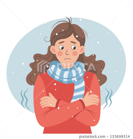 Woman feeling cold and shivering in winter. Illustration. Woman feeling cold and shivering in winter. Illustration. 133699314