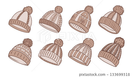 Collection of cozy winter hats with pom poms. Set of hand drawn knitted hats. Collection of cozy winter hats with pom poms. Set of hand drawn knitted hats. 133699318