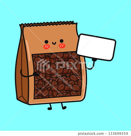 Happy coffee bag mascot holding blank sign Happy coffee bag mascot holding blank sign 133699359