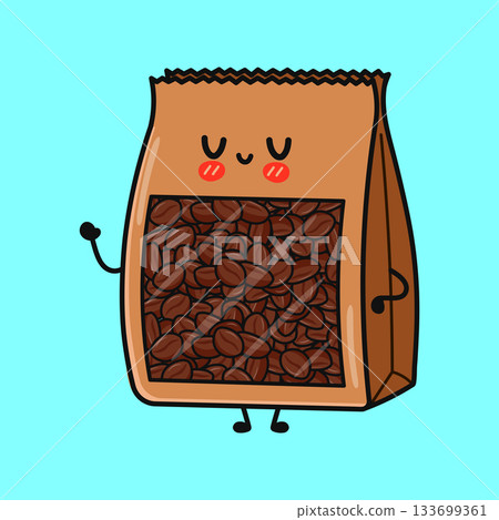 Happy cartoon coffee bag waving hand displaying coffee beans 133699361
