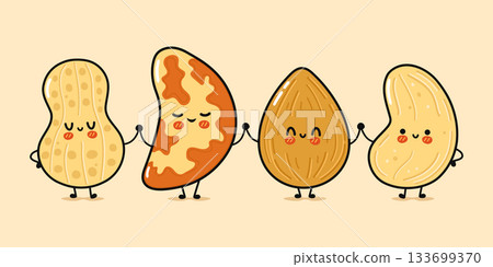 Cute cartoon nuts holding hands representing friendship and unity 133699370