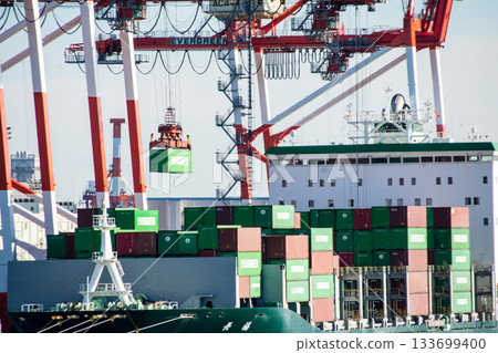 東京台場碼頭，一台大型起重機正在將貨櫃裝載到一艘大型貨船上。 133699400