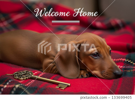 A dachshund puppy lying on a red plaid blanket with a vintage key. Welcome home concept for new pets and real estate. Moving into a new house A dachshund puppy lying on a red plaid blanket with a vintage key. Welcome home concept for new pets and real estate. Moving into a new house 133699405