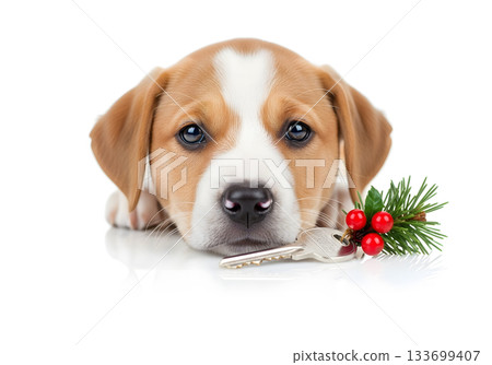 Adorable puppy dog with a house key as a Christmas gift. New home and real estate concept isolated on a white background 133699407