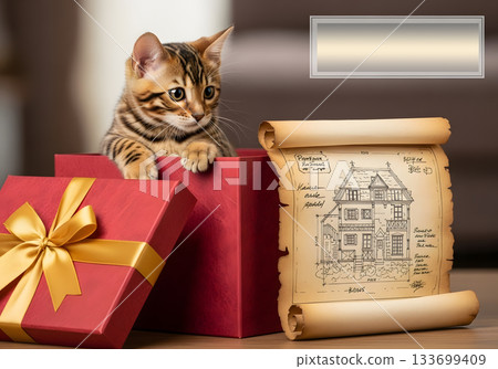 A cute Bengal kitten in a red gift box with a house blueprint scroll. New home and real estate concept. Housewarming gift with copy space A cute Bengal kitten in a red gift box with a house blueprint scroll. New home and real estate concept. Housewarming gift with copy space 133699409