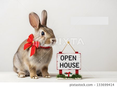 A cute rabbit with a red bow sits next to an open house sign. Real estate marketing concept for the holiday season. Festive Christmas animal with copy space 133699414