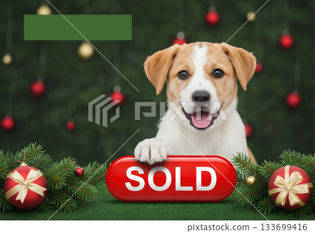 A happy puppy holds a red sold sign in a festive Christmas setting. Holiday pet adoption or seasonal sale concept with copy space A happy puppy holds a red sold sign in a festive Christmas setting. Holiday pet adoption or seasonal sale concept with copy space 133699416