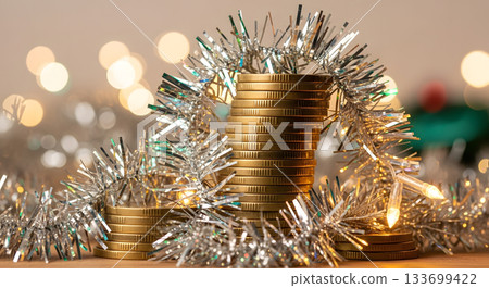 Stacks of gold coins with festive tinsel and lights. Christmas holiday spending and savings concept. Financial budget background with bokeh 133699422