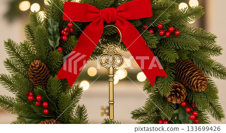 An antique brass key hanging from a red bow on a Christmas wreath. Holiday real estate and new home concept. Festive winter decoration with pinecones and berries 133699426