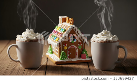 A festive gingerbread house with two mugs of hot chocolate and marshmallows. Cozy winter holiday scene with traditional Christmas sweets on a wooden table A festive gingerbread house with two mugs of hot chocolate and marshmallows. Cozy winter holiday scene with traditional Christmas sweets on a wooden table 133699427