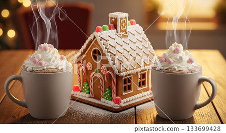 Festive gingerbread house and hot chocolate for Christmas. Cozy winter holiday scene with sweet treats and candy. Homemade dessert on a wooden table with warm bokeh background Festive gingerbread house and hot chocolate for Christmas. Cozy winter holiday scene with sweet treats and candy. Homemade dessert on a wooden table with warm bokeh background 133699428