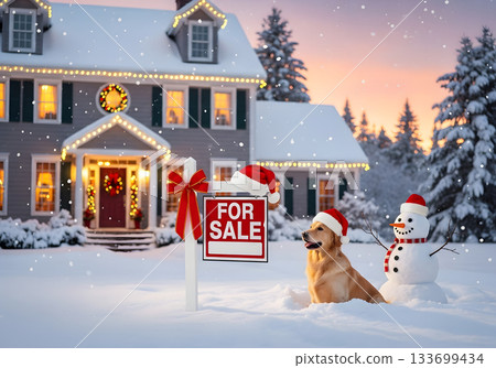 Festive house for sale during a snowy winter Christmas. A golden retriever and snowman sit by a real estate sign at sunset. Holiday home selling and moving concept 133699434