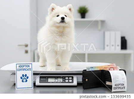 A fluffy Samoyed puppy being weighed on a scale at a vet clinic. Pet adoption process with certificate, wallet, and money. The cost of animal ownership concept 133699435