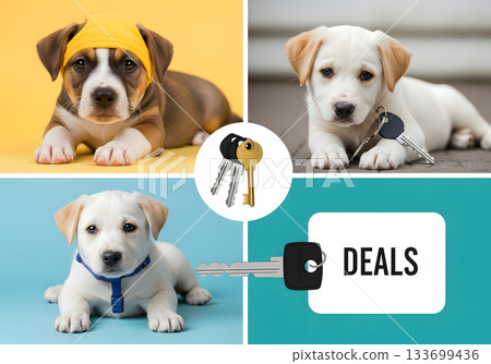 Real estate deals concept with cute puppies and house keys. Pet-friendly housing advertisement for buying or renting a new home. Property sale and mortgage promotion Real estate deals concept with cute puppies and house keys. Pet-friendly housing advertisement for buying or renting a new home. Property sale and mortgage promotion 133699436