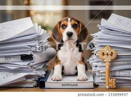 Cute beagle puppy sitting on a mortgage binder with stacks of paperwork. Real estate and home buying concept. Financial stress of a new house loan and property ownership Cute beagle puppy sitting on a mortgage binder with stacks of paperwork. Real estate and home buying concept. Financial stress of a new house loan and property ownership 133699437