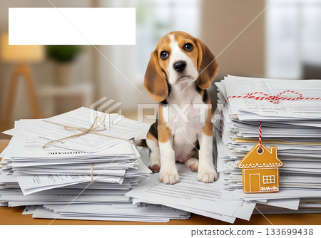 Overwhelmed beagle puppy with stacks of financial documents. Home mortgage, loan, and real estate paperwork concept. Copy space for text Overwhelmed beagle puppy with stacks of financial documents. Home mortgage, loan, and real estate paperwork concept. Copy space for text 133699438