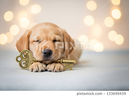Adorable Labrador retriever puppy sleeping with an antique key. New home and real estate concept. Cute pet with a bokeh background Adorable Labrador retriever puppy sleeping with an antique key. New home and real estate concept. Cute pet with a bokeh background 133699439