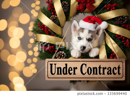 Cute husky puppy in a Christmas wreath with an under contract sign. Real estate holiday concept for home sales and new homes. Festive pet marketing for winter season Cute husky puppy in a Christmas wreath with an under contract sign. Real estate holiday concept for home sales and new homes. Festive pet marketing for winter season 133699440