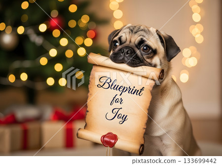 Cute pug puppy holding a "Blueprint for Joy" scroll at Christmas. Festive holiday background with a decorated tree and bokeh lights. Happiness and inspiration concept 133699442