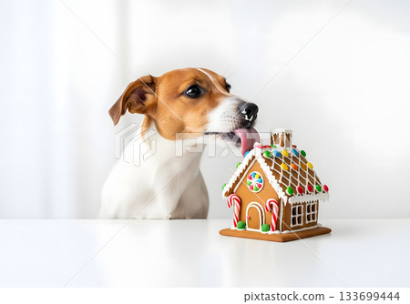 Cute Jack Russell Terrier dog licking a Christmas gingerbread house. Funny pet tasting a festive holiday treat on a white background. Naughty animal concept with copy space Cute Jack Russell Terrier dog licking a Christmas gingerbread house. Funny pet tasting a festive holiday treat on a white background. Naughty animal concept with copy space 133699444