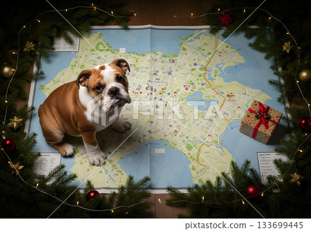 English bulldog puppy sitting on a city map with Christmas decorations. Festive holiday travel and journey concept. Top view flat lay with a gift box English bulldog puppy sitting on a city map with Christmas decorations. Festive holiday travel and journey concept. Top view flat lay with a gift box 133699445
