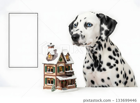 A cute Dalmatian puppy with blue eyes sits next to a miniature Christmas house. Holiday pet concept with vertical copy space for text 133699446