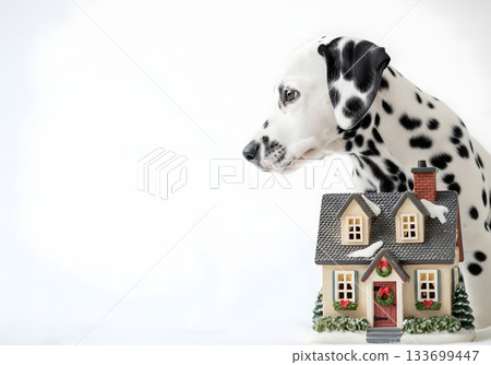 A dalmatian puppy looking at a miniature house. New home and real estate concept for pet owners. Copy space on a white background 133699447
