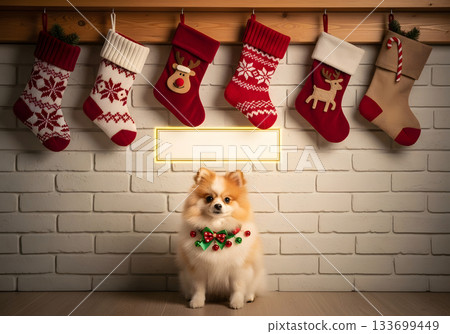 A cute Pomeranian dog sits below festive Christmas stockings. Holiday scene with a blank glowing sign for a custom message. Pet celebration concept with copy space A cute Pomeranian dog sits below festive Christmas stockings. Holiday scene with a blank glowing sign for a custom message. Pet celebration concept with copy space 133699449