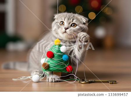 A cute grey Scottish Fold kitten playing with a Christmas tree toy. Adorable tabby cat in a festive holiday setting with bokeh lights. Pet celebrating the winter season A cute grey Scottish Fold kitten playing with a Christmas tree toy. Adorable tabby cat in a festive holiday setting with bokeh lights. Pet celebrating the winter season 133699457