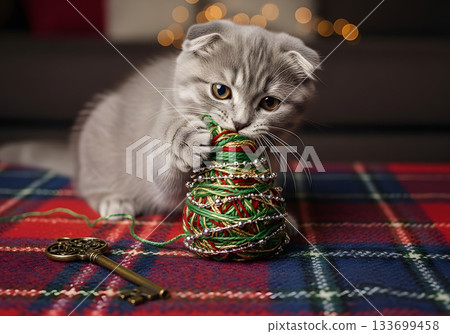 A cute grey Scottish Fold kitten playing with a handmade Christmas tree ornament. Festive tabby cat on a plaid blanket with bokeh lights in the background. Adorable holiday pet concept A cute grey Scottish Fold kitten playing with a handmade Christmas tree ornament. Festive tabby cat on a plaid blanket with bokeh lights in the background. Adorable holiday pet concept 133699458