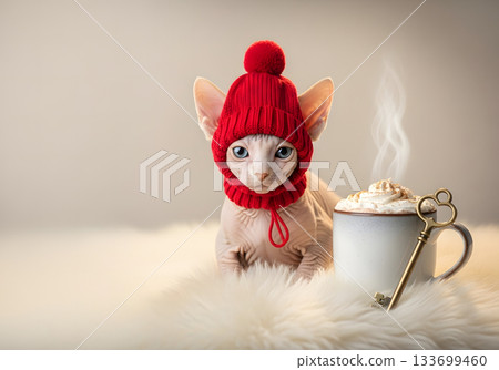 A cute Sphynx kitten wearing a cozy red knitted winter hat. Funny hairless cat with a mug of hot chocolate. Warm and comfortable holiday concept with copy space 133699460