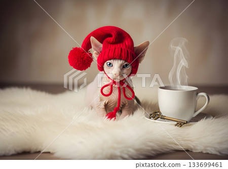 A cute Sphynx kitten in a red knitted hat sits on a fluffy rug. Hairless cat with blue eyes next to a steaming cup of coffee. Cozy and warm winter pet concept A cute Sphynx kitten in a red knitted hat sits on a fluffy rug. Hairless cat with blue eyes next to a steaming cup of coffee. Cozy and warm winter pet concept 133699461