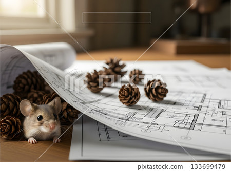 A cute mouse peeking from under an architectural blueprint on a desk. Small animal and pinecones on a construction plan. New home and real estate concept A cute mouse peeking from under an architectural blueprint on a desk. Small animal and pinecones on a construction plan. New home and real estate concept 133699479