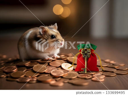 Small dwarf hamster guarding a pile of money and a treasure bag with a key. Concept of savings, wealth, and the key to financial success Small dwarf hamster guarding a pile of money and a treasure bag with a key. Concept of savings, wealth, and the key to financial success 133699495