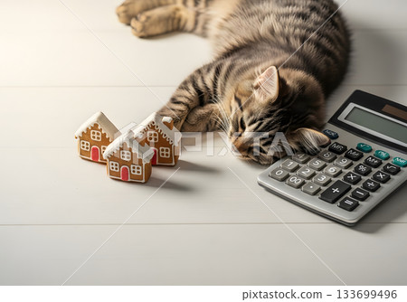 Sleeping cat with a calculator and gingerbread houses representing a home mortgage. Real estate and property investment concept with copy space Sleeping cat with a calculator and gingerbread houses representing a home mortgage. Real estate and property investment concept with copy space 133699496
