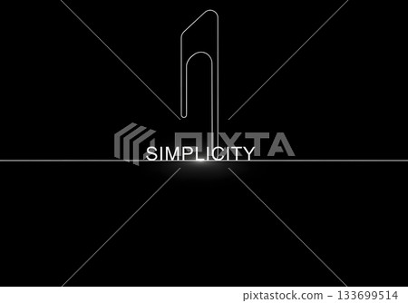 Minimalist line art of a paperclip with the word simplicity. Modern conceptual graphic design on a black background with copy space Minimalist line art of a paperclip with the word simplicity. Modern conceptual graphic design on a black background with copy space 133699514