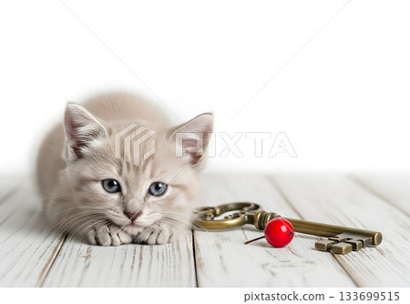 A cute kitten with blue eyes lies on a white wooden table with a vintage key. New home and real estate concept. Copy space for text A cute kitten with blue eyes lies on a white wooden table with a vintage key. New home and real estate concept. Copy space for text 133699515