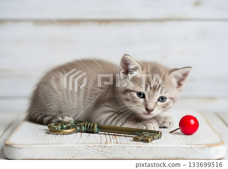 Adorable tabby kitten with blue eyes lying next to a vintage key. Cute small cat on a white rustic wood background. Pet still life concept Adorable tabby kitten with blue eyes lying next to a vintage key. Cute small cat on a white rustic wood background. Pet still life concept 133699516