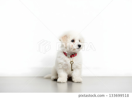 A cute fluffy white puppy with a key on its red collar. New home and real estate concept. Isolated on a white background with copy space A cute fluffy white puppy with a key on its red collar. New home and real estate concept. Isolated on a white background with copy space 133699518