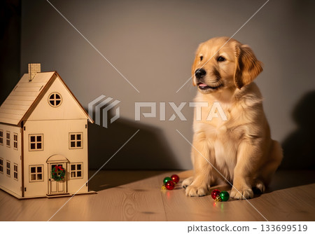 Cute golden retriever puppy with a miniature house and Christmas decorations. Holiday pet and new home concept with copy space Cute golden retriever puppy with a miniature house and Christmas decorations. Holiday pet and new home concept with copy space 133699519