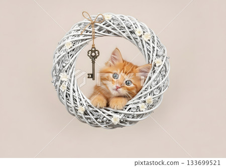 Cute ginger kitten peeking through a white wicker wreath with a vintage key. New home and real estate concept. Isolated on a beige background 133699521