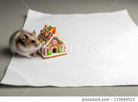 A cute dwarf hamster stands next to a miniature gingerbread house. Festive Christmas holiday concept with copy space for text. A cute dwarf hamster stands next to a miniature gingerbread house. Festive Christmas holiday concept with copy space for text. 133699523