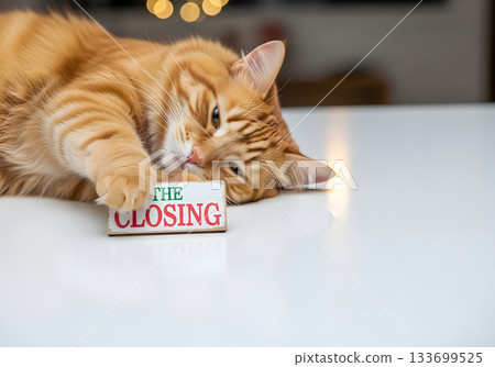 A tired ginger cat rests on a sign for "The Closing". Funny real estate and home buying concept with copy space for text A tired ginger cat rests on a sign for "The Closing". Funny real estate and home buying concept with copy space for text 133699525