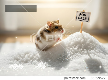 A cute hamster sits in the snow next to a "For Sale" sign. Whimsical winter holiday scene with a small pet. Animal adoption and sales concept with copy space 133699527