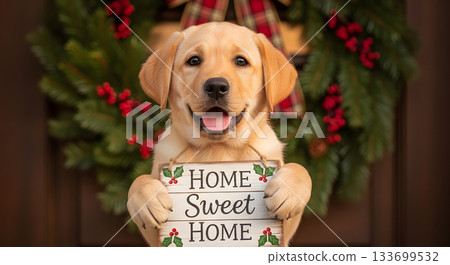 An adorable yellow labrador puppy holding a 'Home Sweet Home' welcome sign. Cute dog in front of a festive christmas wreath on a front door 133699532