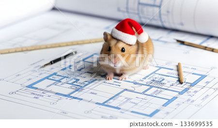 A cute hamster in a Santa hat sits on architectural blueprints. Christmas holiday concept for the construction and real estate industry. Funny animal on a building plan 133699535