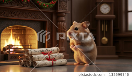 A cute hamster stands with a blueprint for the new year. Cozy holiday scene by a warm fireplace. Future planning and resolution concept 133699546