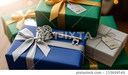 Ornate silver key resting on a blue gift box with a ribbon. Holiday presents for a special occasion. Real estate or success concept Ornate silver key resting on a blue gift box with a ribbon. Holiday presents for a special occasion. Real estate or success concept 133699548